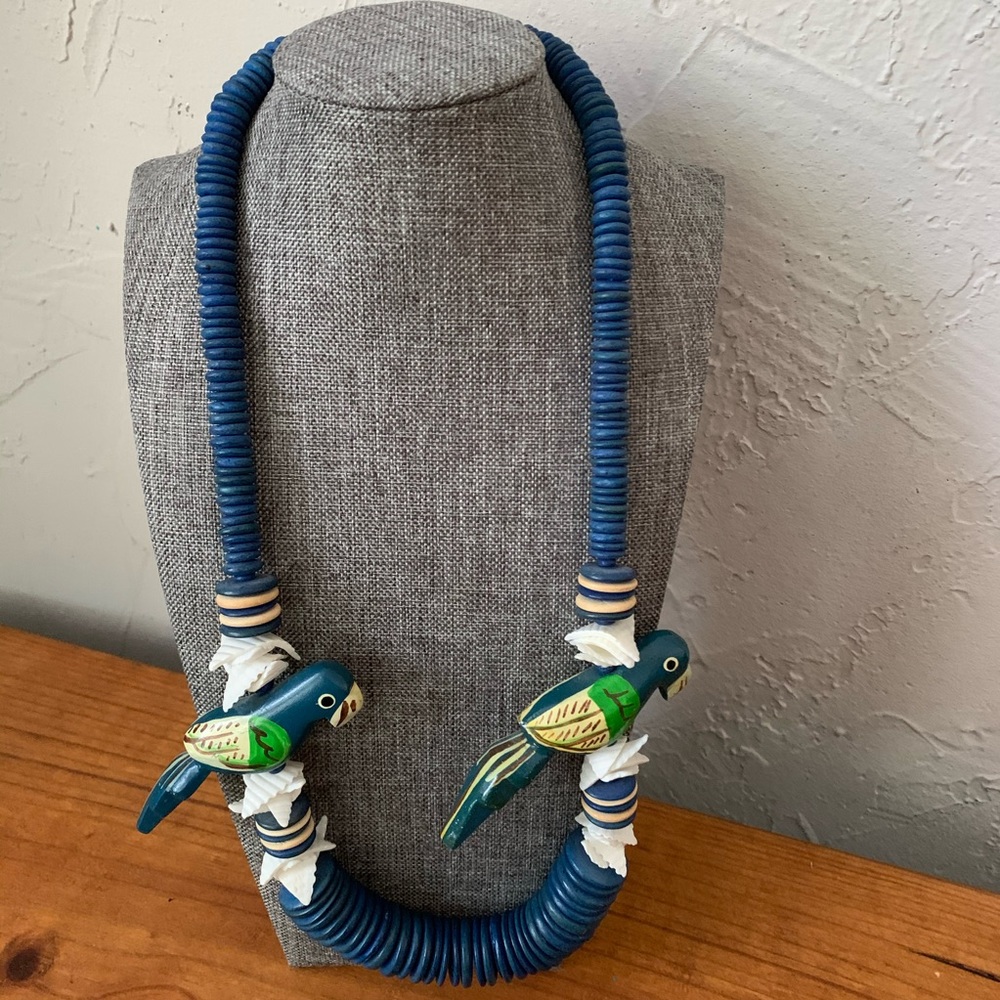 Tropical Parrot Necklace w/ Blue Beads - Picture 3 of 4